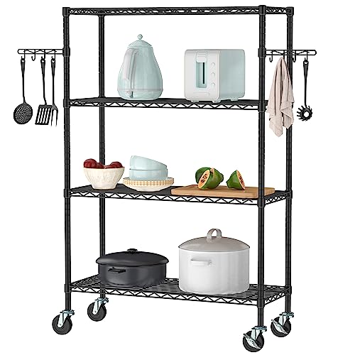 Folews 4-Tier Storage Shelving Unit with Wheels, Metal Rolling Storage Shelves NSF Adjustable Layer Steel Rack Shelf, Wire Shelving Storage for Kitchen Garage Pantry Office, Black (14D x 36W x 57H) - size: 4-Tier