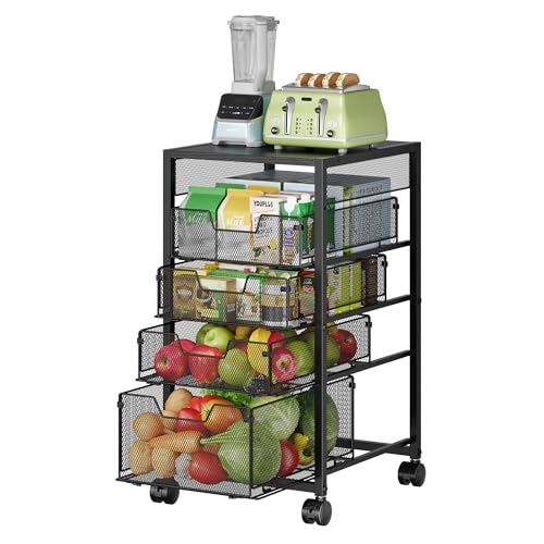 5-Tier Kitchen Utility Storage Cart with Adjustable Wood Top (Tabletop or Basket), Fruit Vegetable Storage Rack with Wheels & Drawers, Metal Rolling Pantry Cart, Kitchen Organizer for Snack Can Potato - size: 5-Tier Top Adjustable