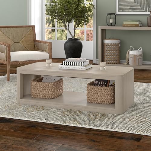 Henn&Hart 47" Rectangular Low-Profile Coffee Table with Open Storage Shelf for Living Room, Family Room, or Office, Beech White - color: Beech White