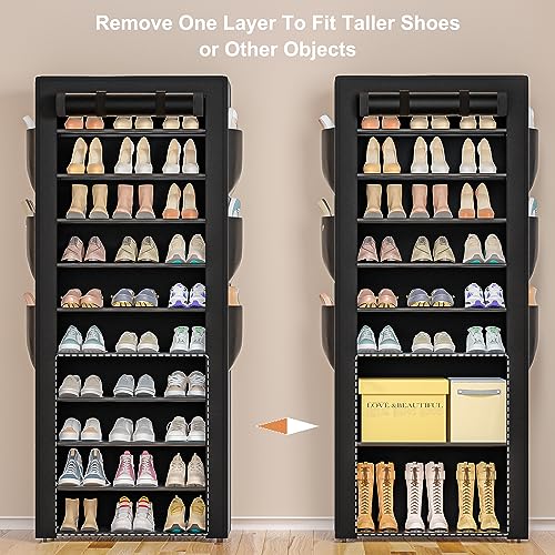 OYREL Large Shoe Rack, Black, 6 Side Pockets, 23.6" Wide x 11.4" Deep x 68.9" Tall, 36-41 Pairs of Shoes - color: Black, size: 10Tier 23.6"W