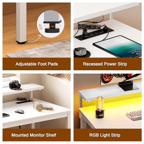 Need 60 inch Computer Desk with LED Lights & Power Outlets, Large Home Desk with Monitor Shelf, Writing Table Gaming Desk Home Office Desk, White - color: White, size: 60 inches