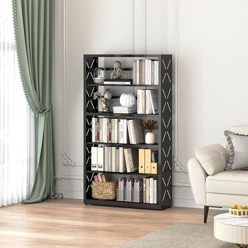 Polup Metal Bookshelf, 5 Tier Wide Bookcase with Adjustable Shelves, Tall Black Book Shelf with Bookends, Large Display Shelves for Living Room, Home Office, Library - color: Black, size: 5 Tier-31" W