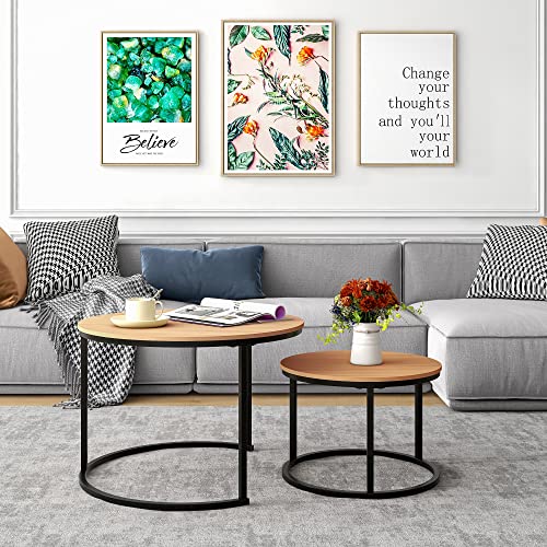 HOJINLINERO Round Nesting Coffee Table Set of 2,Cocktail Table,Large,Oak | Center Table for Living Room,Small Apartment,Small Space,Stacking Side Tables,Wood Tabletop,Sturdy and Easy to Assemble - color: Bk+oakdk, size: Large