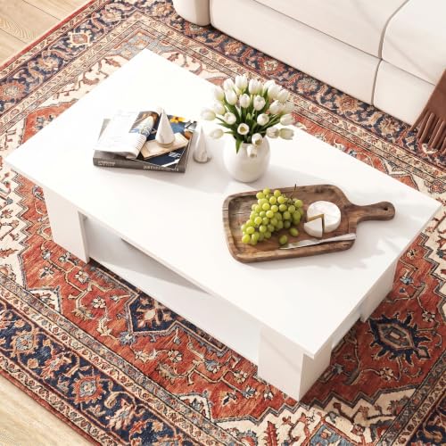 POWERSTONE 41 Inch 2-Tier Coffee Table with Storage Shelf, Wood Farmhouse Center Table with L Legs & Extra Bottom Support for Living Room, White - color: White
