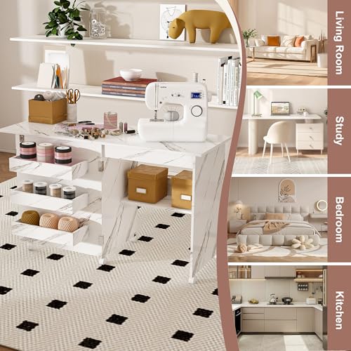 4-in-1 Folding Sewing Table with Storage (45 Inch) | Sewing Desk Foldable with Lockable Wheels & Power Socket, Sewings Machine Cabinet & Craft Desk with Shelves, Compact Design - color: White, size: 45 Inch