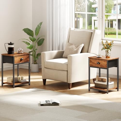 Furologee Nightstands Set of 2, Night Stand with Fabric Drawer and Storage Shelf, Retro Bedside Sofa Tables for Small Place, End Side Tables Living Room Bedroom, Rustic Brown