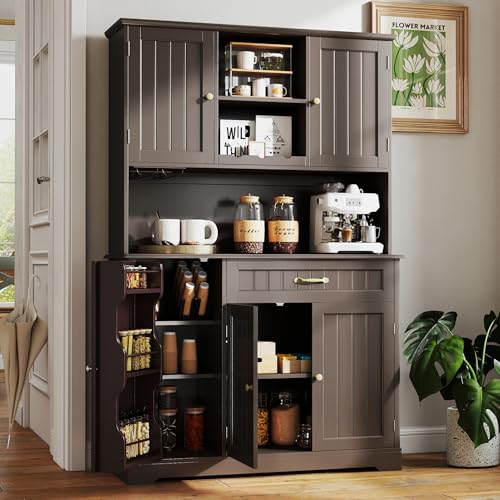 Gizoon Kitchen Hutch Cabinet Kitchen Hutch Storage Cabinet Tall Pantry Coffee Bar with Storage for Dining Room and Craft Room, Painted Dark Brown - color: Dark Brown