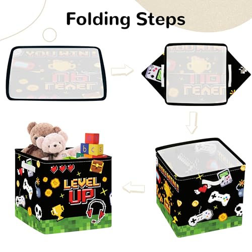Clastyle Video Game Kid Storage Cube Organizer Set Black Gamepad Closet Clothes Cube Storage Bin Nursery Toddler Toy Box Chest Girl Boy Book Shelf Basket,Pixel Art,11.8x11.8x11.8 in - color: Pixel Art