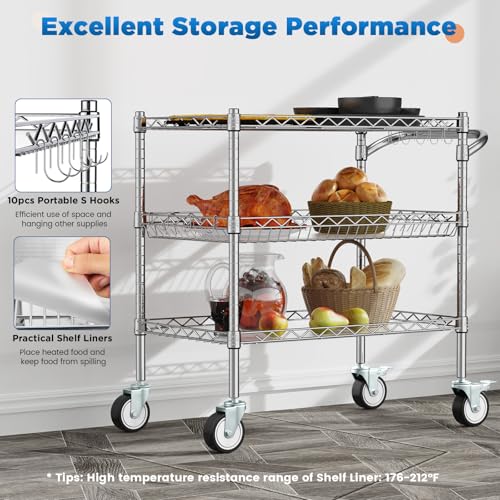 Leteuke 3 Tier Rolling Carts with Wheels, Heavy Duty Rolling Utility Cart | NSF Commercial Grade Metal Cart with Handle&Shelf Liner,Trolley Serving Cart for Kitchen,Restaurant,Plant Display,Chrome - color: Matte Chrome