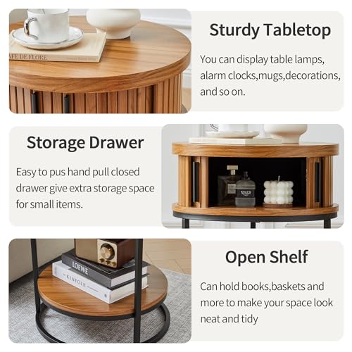 Turtle&Myrtle Small Round Side Table with Storage, 2-Tier Wooden End Table with Sliding Door and Shelf, Mid-Century Circle Nightstand for Living Room, Bedroom, Walnut, 2PC - style: Mid-Century Modern-2PC