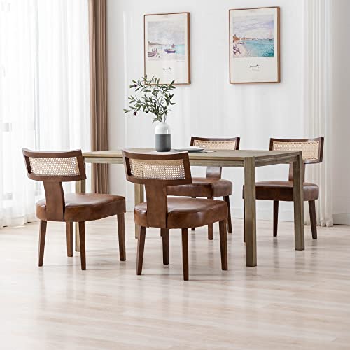 RIVOVA Mid Century Modern Dining Chairs Set of 4 Rattan Kitchen Chairs PU Leather Upholstered Side Chairs, Modern Kitchen Armless Solid Wood Dining Chairs, Brown - color: Brown Rattan