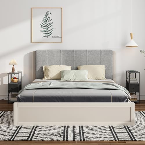TUTOTAK Small Narrow End Table with Charging Station, Set of 2, Side Table with Outlets, Nightstand with Cloth Drawer, Couch Table, for Living Room, Bedroom, Bedside, Charcoal Grey TB01BY058 - color: Charcoal Grey, style: 1 Drawer & Plug