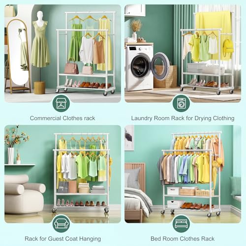 Double Rods Clothes Rack for Hanging Clothes, Heavy Duty Rolling Clothing Rack with Wheels, Freestanding Garment Racks with Oxford Bottom Shelf and Mesh Bottom Shelf for Bedroom Laundry (White) - color: White