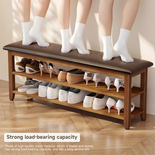 Shoe Bench with Leather Cushion,Rubberwood Bench with Shoe Rack | 2-Tier Shoe Storage Organizer for Entryway,Hallway,Living Room - size: 2-Tier-47.3"