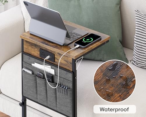 Vagusicc C-Shaped End Table Set of 2, Adjustable Height Side Table for Couch with Charging Station, Tall C Table Slide Under Sofa Table, TV Tray for Living Room, Bedroom, Bedside, Small Space, Brown - color: 2pc Rustic Brown