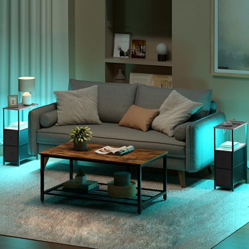 TUTOTAK Small Narrow LED End Table with Charging Station, Side Table Outlets, Nightstand with 2 Cloth Drawers, Set of 2, Couch Table, for Living Room, Bedroom, Bedside, Greige TB01BG056 - color: Greige, style: 2 Drawers with Plug & Light