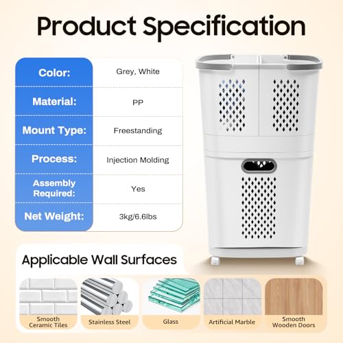 2 Tier Rolling Laundry Hamper Sorter, Removable Laundry Basket Cart with Wheels and Handle Removable Clothes Hamper Organizer White Portable Storage Baskets with 3 Deep Baskets for Bathrooms