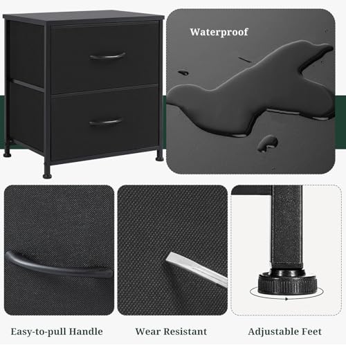 Nightstand Set of 2 Upgraded Small 2 Drawer Dresser End Table | Bedside Furniture, Wooden Top Fabric Bins for Bedroom, Closet, Entryway, Dorm, 11.8" D x 18" W x 20", Black - color: Black