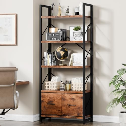 Vongrasig 5 Tier Bookshelf with 2 Drawers, Industrial Tall Bookcase, Modern Display Bookshelves Wood and Metal Shelf, Free Standing Storage Organizer for Office, Living Room, Brown - color: Brown With Drawers