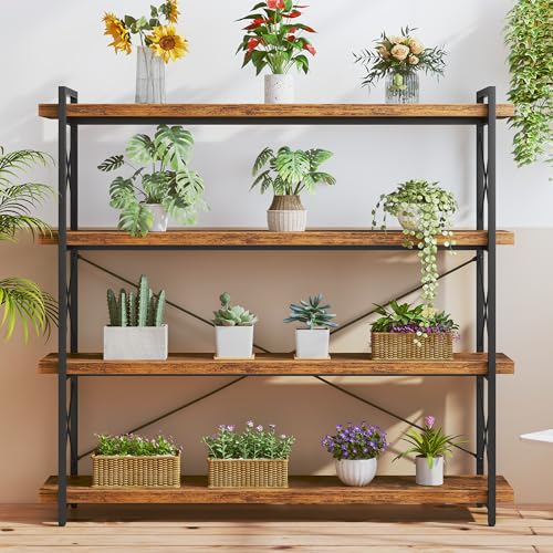 HCHQHS Large Bookshelf, 4-Tier Long Industrial Bookcase, Rustic Brown Book Shelf, Freestanding Horizontal Bookshelves with Metal Frame - color: Rustic Brown, size: 4-Tier (56.7"W x 54.2"H)