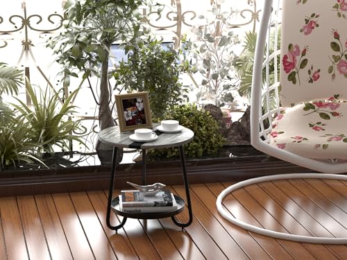 2 Tier Coffee Table in Living Room, Industrial Style Round Coffee Table with Metal Tray, Wood Small Outdoor Coffee Table for Bedroom Balcony Patio, Gray - color: Grey