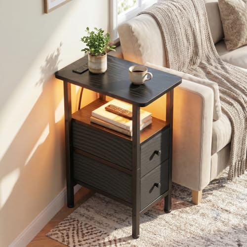 LOAKEKEL Narrow Nightstand with Charging Station, End Tables Living Room | Set of 2, Skinny Side Table with 2 Fabric Drawers, Small Sofa Table with LED Light for Bedroom, Black - color: Black, style: Power + Light