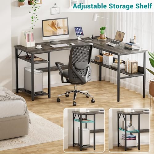 Reversible L Shaped Gaming Desk with Power Outlets and USB Charging Ports, Sturdy Computer Desk with Storage Shelf, Modern Corner Desk Home Office Table, Easy to Assemble, Gray Oak