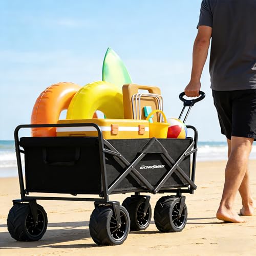 EchoSmile Heavy Duty 350 Lbs Capacity Collapsible Wagon, Outdoor Folding Camping Grocery Portable Utility Cart, Adjustable Rolling Carts, All Terrain Beach Wagon with Big Wheels (Black-Arrow) - color: Black-arrow