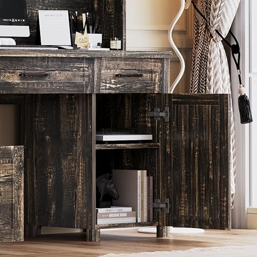 61" Farmhouse Executive Desk with Hutch & Charging Station, Wooden Computer Desk with 2 Sliding Barn Doors, 5 Drawers & Storage Cabinet with Adjustable Shelf for Home Office, Bedroom (Rustic Gray-01) - color: Rustic Gray-01