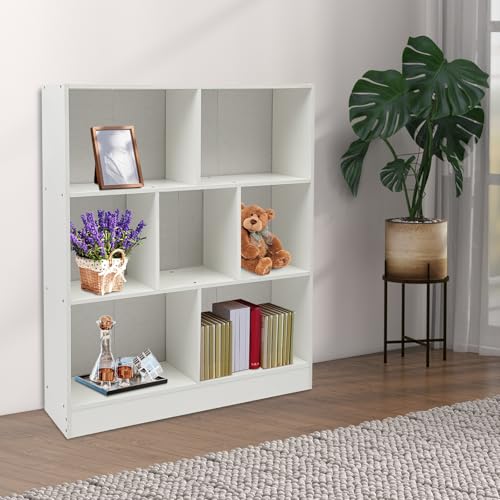 7 Cube Bookshelf Modern Display Cabinet, Horizontal Open Shelf Low Bookcase with 7Compartments, Free-Standing Wooden Bookcase with Back Panel for Study, Bedroom, Living Room (Warm White) - color: Warm White