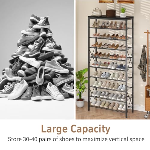 10-Tier Shoe Rack Organizer, Large Shoe Shelf with Metal Shelves, X Frames, Adjustable Shelves, Holds 40 Pairs, Black - color: Black, size: 27.8"L x 10.8"W x 65.7"H