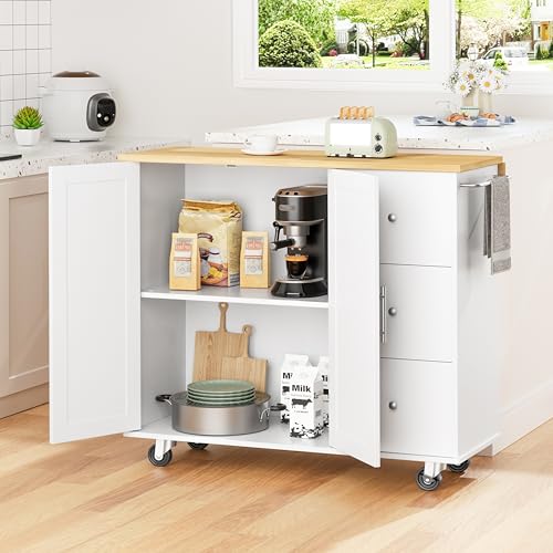 Shintenchi Kitchen Island with Folding Drop Leaf, Rolling Island Table with Storage, Kitchen Cabinet on Wheels with Seating Area for Kitchen, Bar Cart with Cabinet, White - color: White