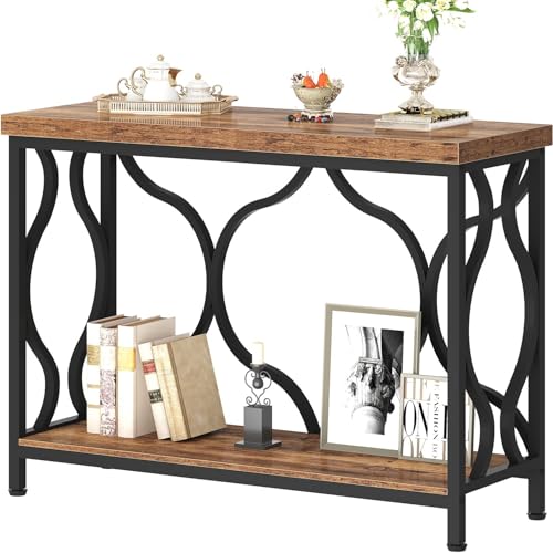 IBF 39.4" Narrow Console Table, Farmhouse Entryway Table in Living Room Hallway Foyer Entrance, Industrial Wood Metal Sofa Table Entry way Behind Couch Tables with 2-Tier Storage Shelves, Rustic Brown - color: Rustic Brown Oak, size: 39 Inch
