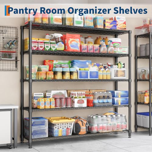 Garvee Storage Shelves, 5-Tier Metal Shelving Units with Wheels, 73" H x 59" W x 17.1" D, 3300 LBS Heavy Duty Wire Shelving Rolling Rack for Garage Kitchen Home Basement, Adjustable, Black - size: 73"H x 59"W x 17.1"D(5-Tier)