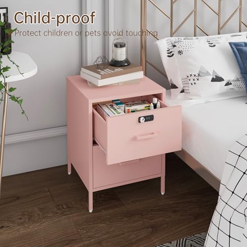 Steehoom Metal Nightstand with Lock, 2 Drawer End Side Table, Lockable Storage Cabinet Kids Cabinet for Living Room, Bedroom, Dorm, 21.26”H X 15.75”W X 15.75”D (2 Drawer, Pink) - color: Pink, style: 2 Drawer
