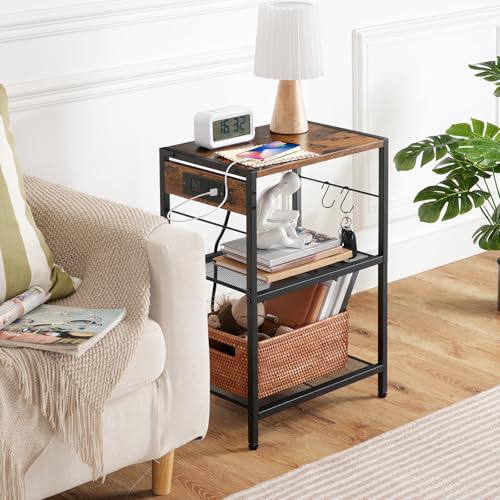 HOOBRO Industrial Printer Stand, 3-Tier Mobile Printer Table, Rolling Cart with Power Outlets and USB Ports, Home Printer Stand with 2 Hooks, for Office, Living Room, Rustic Brown BF22UPS01 - color: Rustic Brown + Black