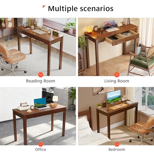 Solid Wood Desk with Drawers - 39" Narrow Desks for Small Spaces, Mid Century Modern Desks, Small Wooden Vintage Computer Writing Desk, Study Table for Home Office Bedroom, Walnut