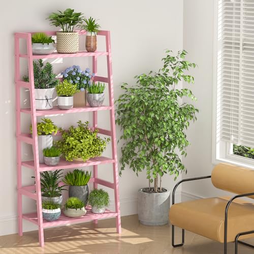 Homykic Bamboo Ladder Bookshelf, 4-Tier Ladder Shelf Open Book Shelf Freestanding Bookcase Bathroom Storage Rack Plant Stand for Living Room, Bedroom, Office, Easy Assembly, Pink - color: Pink