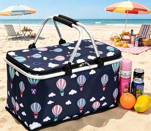 Upgrade Shopping Bag Picnic Basket 2 Layers of Internal Pockets Leak-Proof Insulated Cooler Bag Bag Collapsible Shopping Basket Folding Grocery Basket Bag for Picnic Travel(Black Balloon) - color: Black Balloon