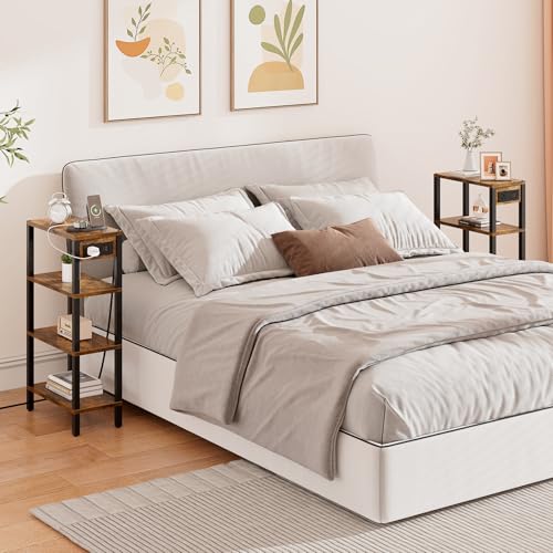 TUTOTAK Narrow Side Table Set of 2, Small End Table with Charging Station | 4-Tier Skinny Sofa Table, Slim Nightstand, Easy Assembly for Living Room, Bedroom, Brown TB01BB0802 - color: Brown, size: 4-tier