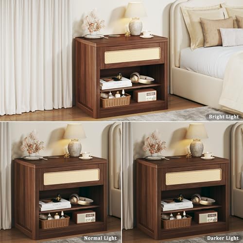 Rattan Nightstand, Night Stand with Wireless Charging, Mid Century Modern Bedside Table with Drawer & Open Shelf, Curved Profile Design, End Side Table with Storage for Bedroom, Walnut - color: Walnut