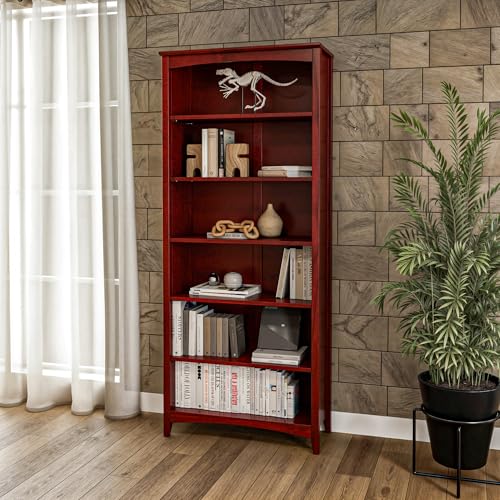 Camaflexi Shaker Style 6 Shelf Bookcase/Solid Wood / 72" High/Adjustable Shelving/Closed Back/Display Bookshelf for Living Room, Bedroom, Home and Office, Red Garnet Stain - color: Red Garnet Stain, size: 72"