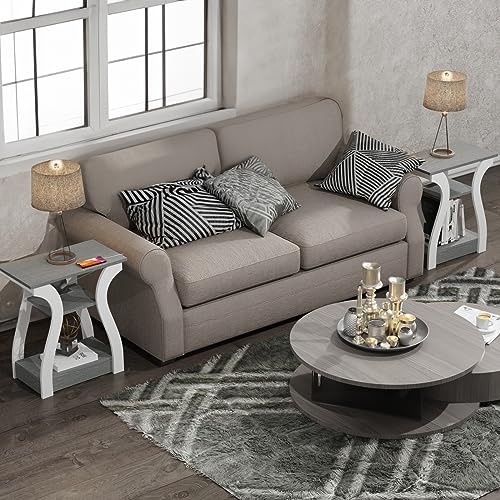 FROMJBEST End Tables Living Room Set of 2,Grey End Table with Charging Station,Grey Side Table, Nightstand for Bedroom, 3 Tier End Table with Storage Shelf for Living Room - color: Grey
