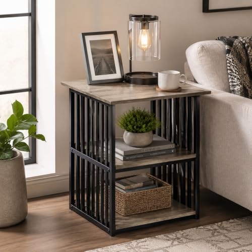 Elountik Industrial Nightstand with Metal Frame and Antique Oak Finish, 22 Inch Wide Bedside Table with Two Open Shelves for Bedroom Storage