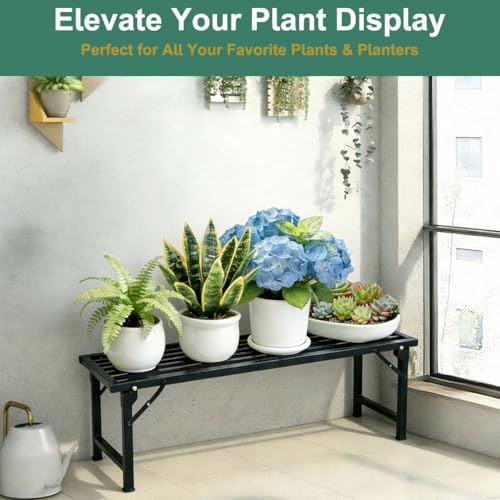 Foldable Plant Stand, No Assembly Heavy Duty Iron Plant Shelf, Rustproof Single Tier Plant Rack for Indoor Outdoor, Long Narrow Flower Stand for Patio Balcony Garden Living Room, 33" L x 9.7" W x 11.7" H - size: L33”xH11.7"xW9.7"
