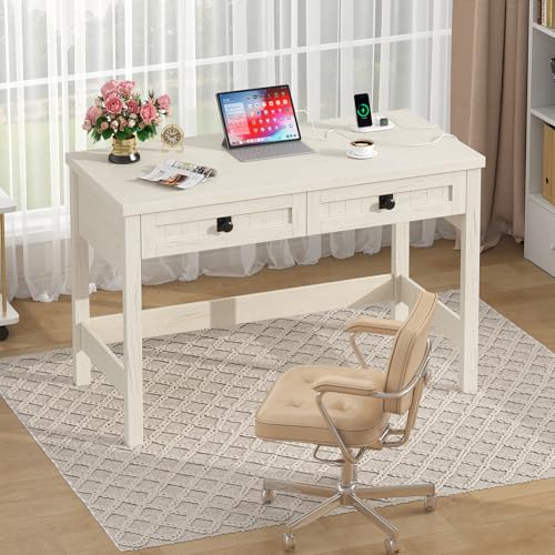 YOMILUVE Farmhouse Computer Desk with 2 Drawers, 39 Inch Small Office Computer Desk with Power Outlets, Compact Writing Study Vanity Desk for Small Spaces, White - color: White