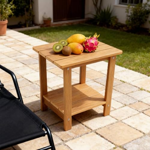 Small Leisure Line Side Table, 2-Tier Adirondack Side Table Outdoor with Open Shelf, 16 in Wooden Deck Table for Patio Porch Pool, 200 Lbs Capacity, Easy Assembly (Teak) - color: Teak
