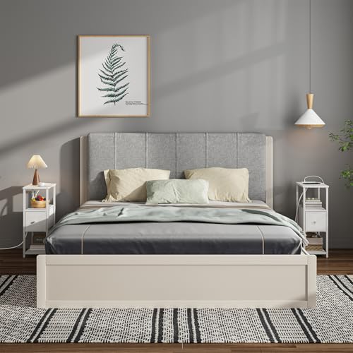 TUTOTAK Small Narrow End Table with Charging Station, Set of 2, Side Table with Outlets, Nightstand with Cloth Drawer, Couch Table, for Living Room, Bedroom, Bedside, White TB01BW058 - color: White, style: 1 Drawer & Plug