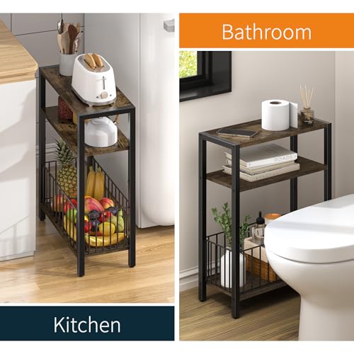 Yoobure Narrow Side Table with Storage Basket, Small End Table for Small Spaces Skinny Side Tables Living Room Bedroom, Slim Nightstand 3 Tier Bedside Table Space-Saving for Magazine, Rustic Brown - color: Rustic Brown