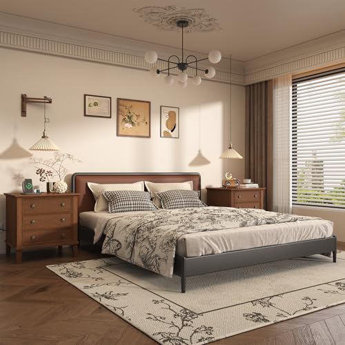 IKENO Solid Wood Nightstand with 3 Drawers, Tall Leg Bedside Table with Charging Station, Farmhouse Night Stand with Wood Slide Rail, Anti-Scratch Foot Pads for Bedroom,Walnut - color: Walnut